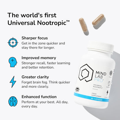 Mind Lab Pro® MLP® v4 Universal Nootropic™ Brain Booster Supplement for Focus, Memory, Clarity, Energy - 60-Count - Plant-Based, Naturally Sourced Memory Vitamins for Better Brain Health, Made in USA